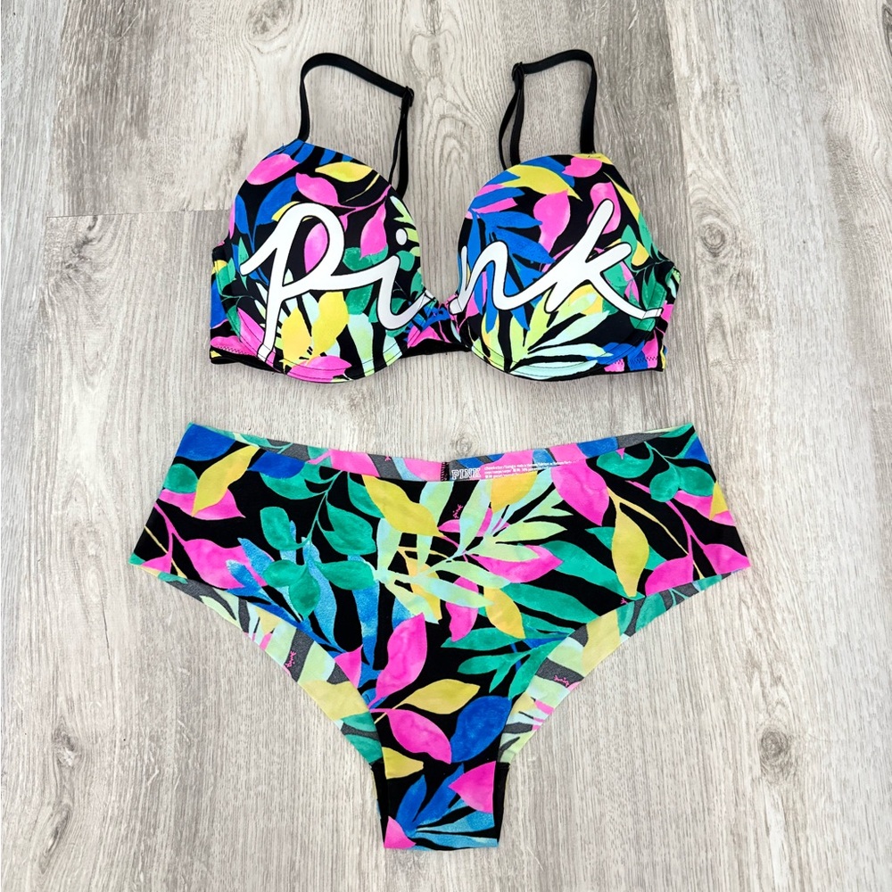 NWOT Pink Victoria’s Secret tropical logo print bra and panty set